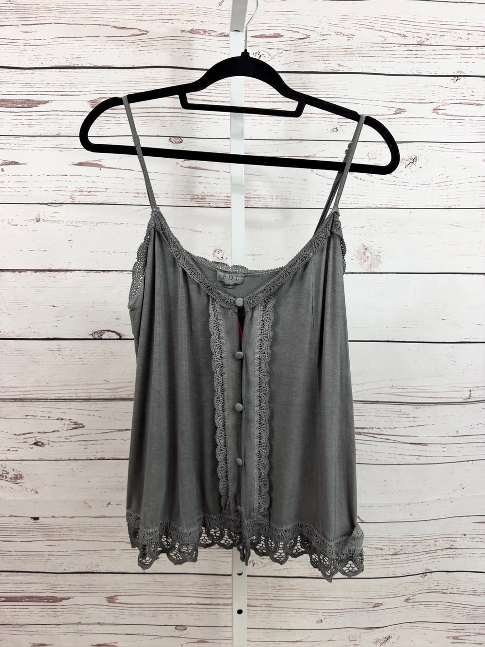 POL Gray Lace-Trim Spaghetti Strap Camisole Size Large NWT